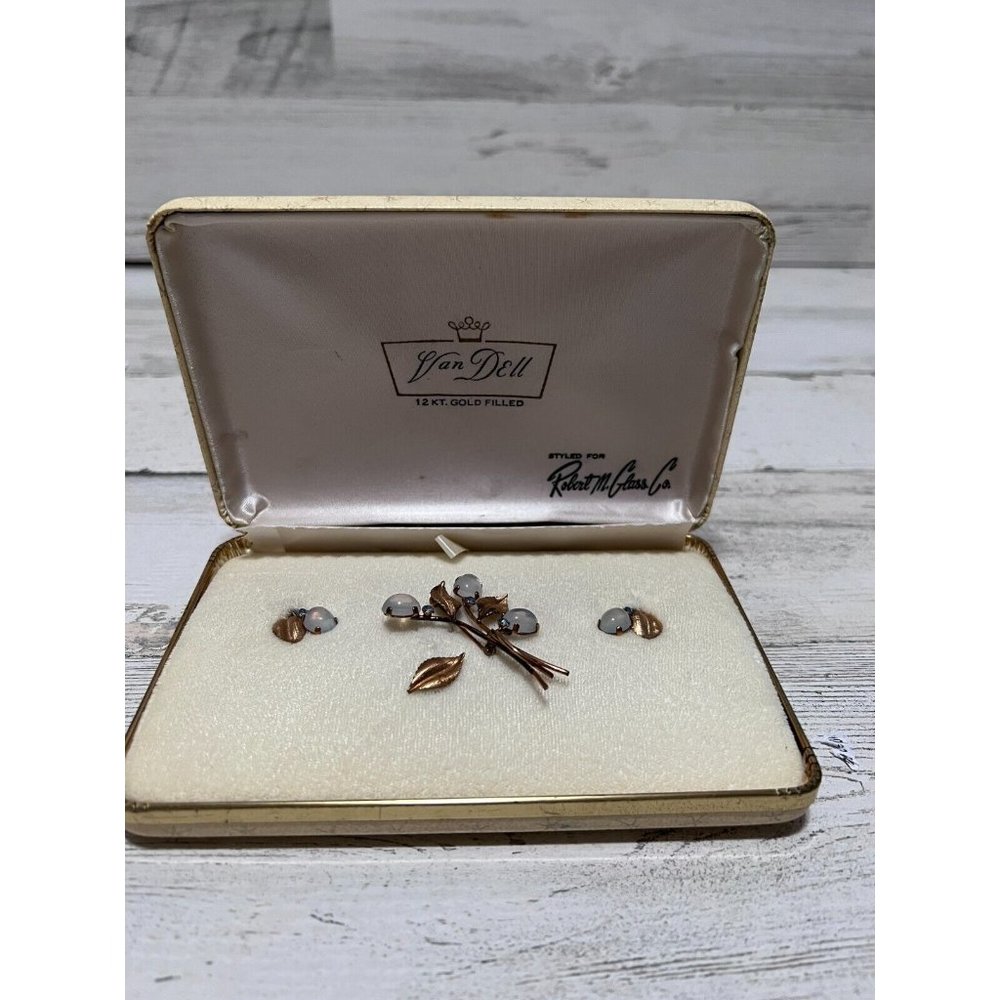 Vintage Signed VAN DELL 12k Gold Filled Brooch & Scew-Back Earring Set Blue - Picture 6 of 16